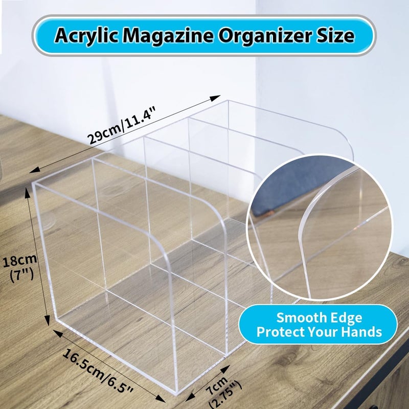 Jumyee Acrylic Magazine File Holder, Vertical Desk File Organizer Sorter with 4 Compartments, Clear Mail Organizer Office Organization Storage Binder Holder for Desk, Magazine, Books - Image 2